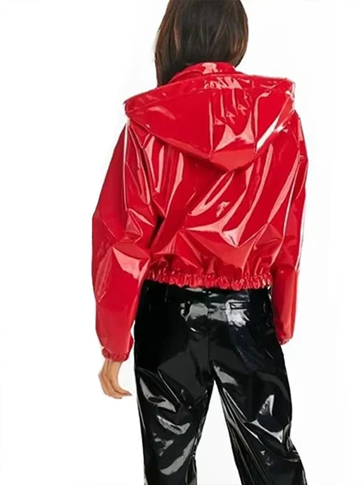 Damen Kapuzenjacke glänzend Schwarz kurzer Schnitt