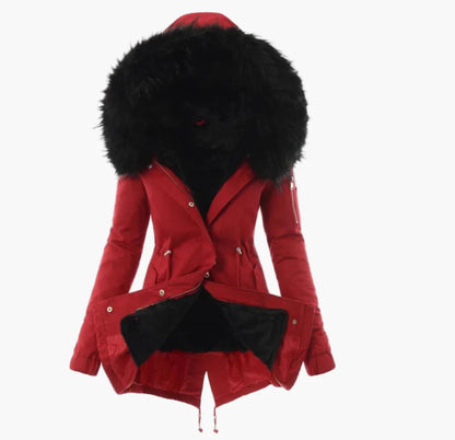 Damen Wintermantel mit Kapuze und Kunstfell-Futter – Eleganter, warmer Parka für kalte Tage