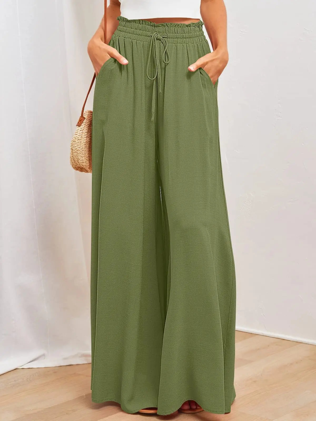 Damen Weite Hose mit Hohem Bund und Kordelzug, Lockere Palazzo-Hose