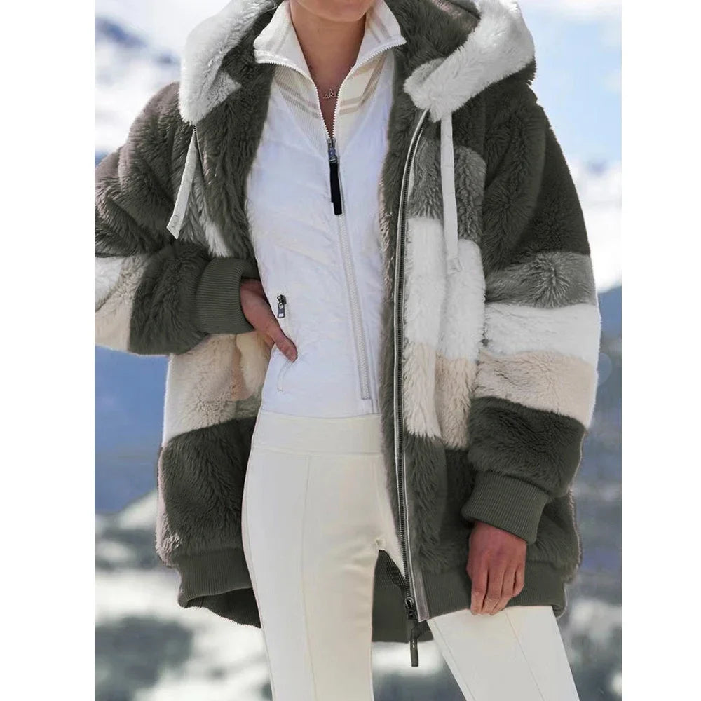 Damen Teddyfell Jacke mit Kapuze Reißverschluss Mehrfarbig Blockstreifen Winter