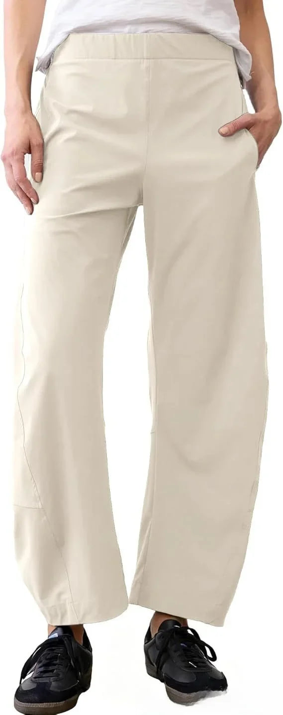 Damen Freizeithose Weites Bein Elastischer Bund Bequeme Stoffhose
