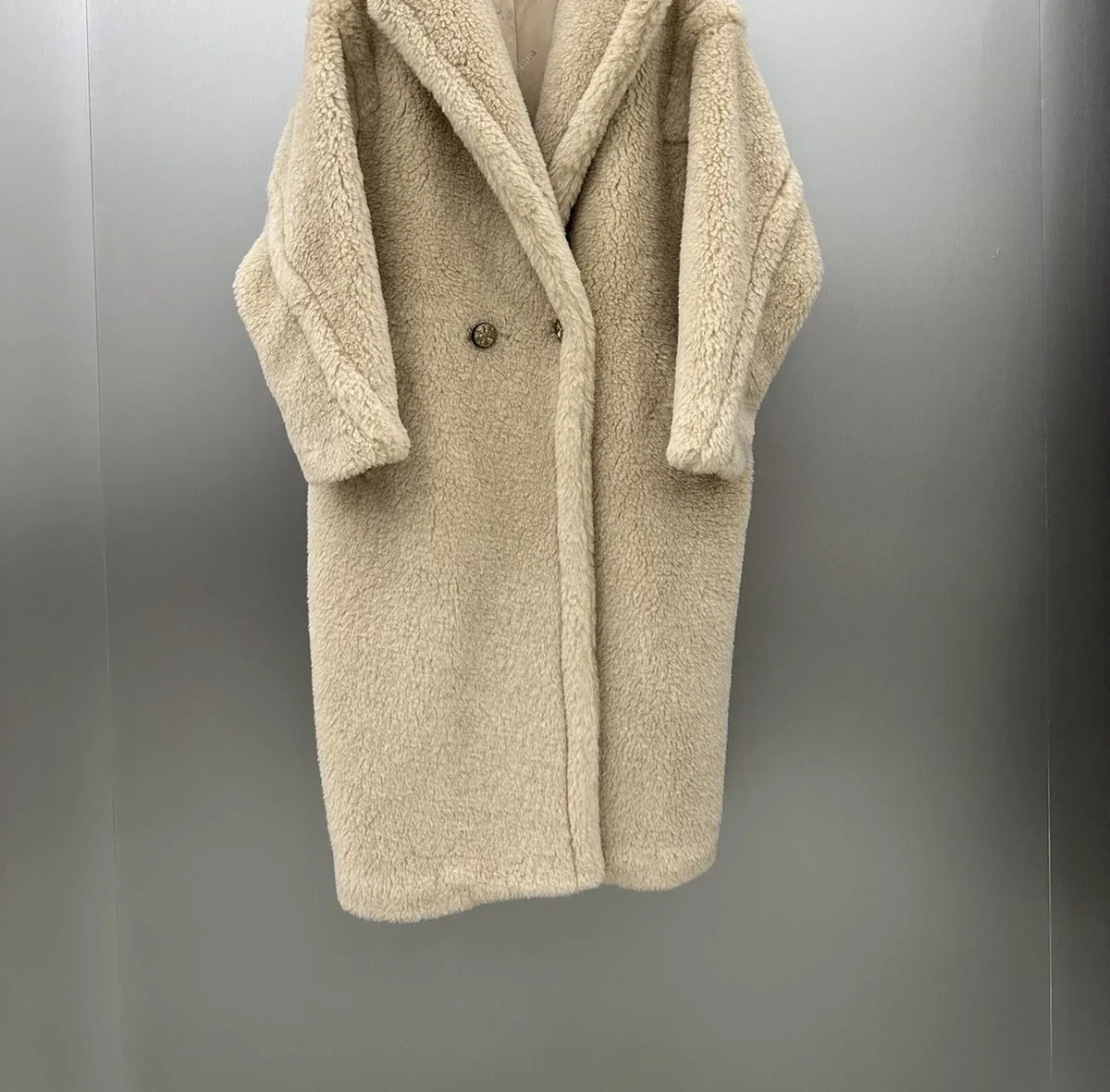 Damen Teddyfell Mantel lang mit Kapuze und Handschuhen