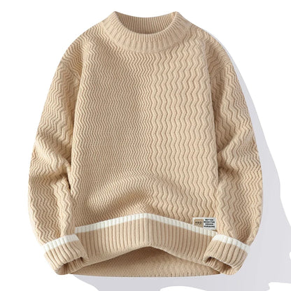 Unisex Rollkragenpullover mit Wellenmuster und Kontraststreifen – Gemütlicher Strickpullover