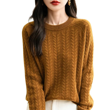Damen Zopfstrick Pullover Rundhals Langarm Freizeit Strickpullover