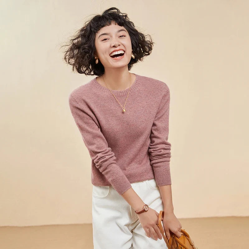 Damen Rundhals Pullover Langarm Basic Strickpullover