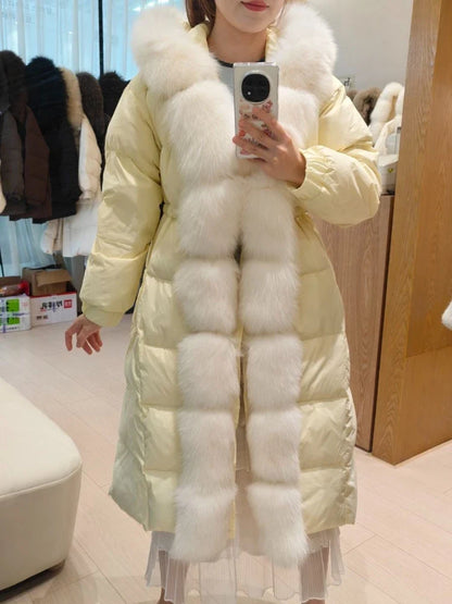 Damen Winter Steppmantel Lang mit Kapuze und Pelzbesatz Schwarz