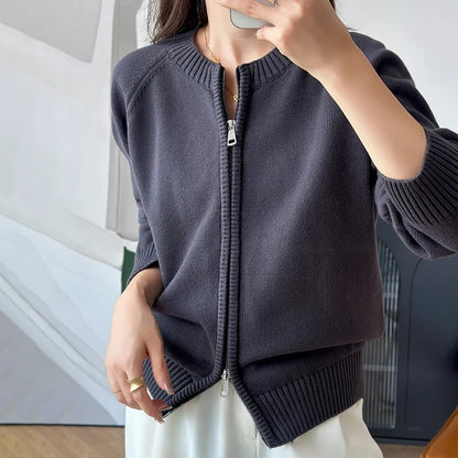 Damen Strickjacke mit Reißverschluss, Langarm, Rundhals