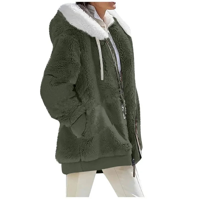 Damen Flauschige Kapuzenjacke mit Reißverschluss und Bauchtaschen