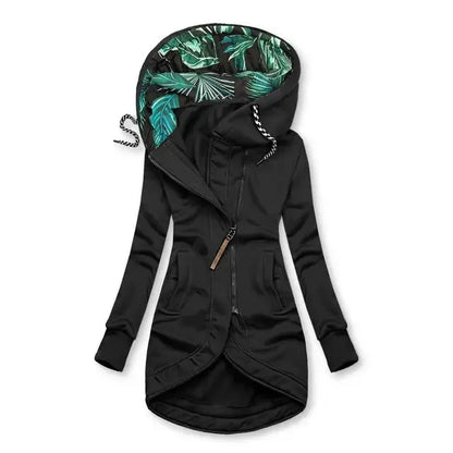 Damen Hoodie Jacke Lang Asymmetrischer Reißverschluss Kapuze mit Blattmuster