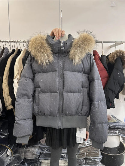 Damen Steppjacke mit Fellkapuze Glitzer-Details Winterjacke