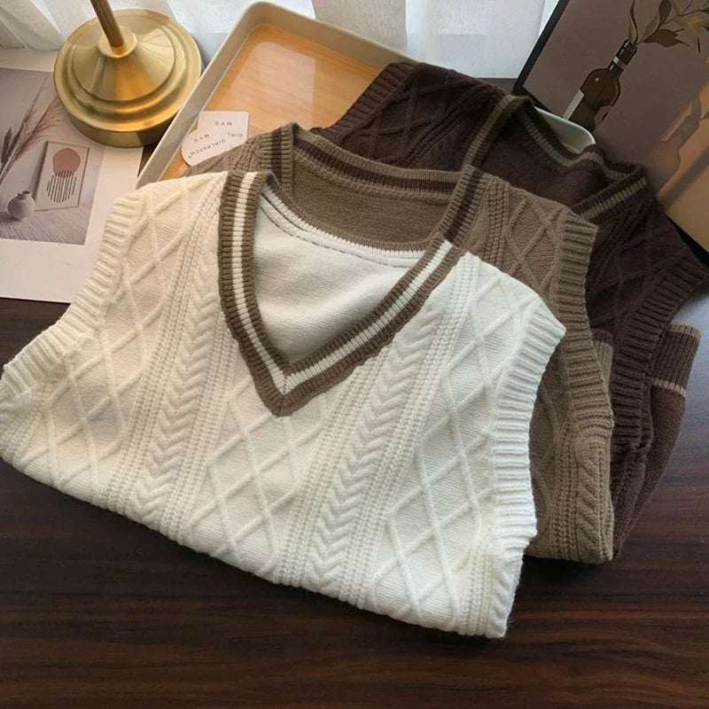Strick Weste Damen V-Ausschnitt Zopfmuster College-Stil Ärmelloser Pullover