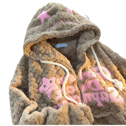 Unisex Teddy-Fleece Kapuzenjacke mit Reißverschluss und Sternenmuster