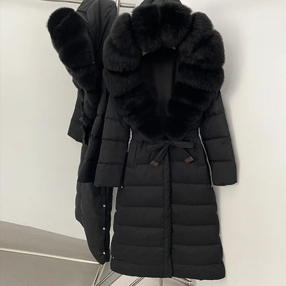 OFTBUY Grote Echte Vos Bontkraag X-Lange Puffer Jas Vrouwen Capuchon Winter Witte Eend Down Jas Dikke Vrouwelijke parka Met Riem