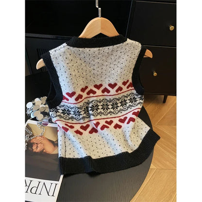 Strick Weste Damen Rundhals Fair Isle Muster Herz Schneeflocke