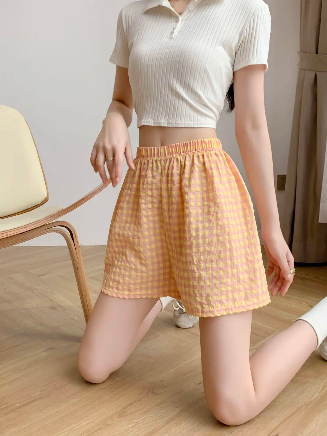 Damen Shorts Karo Muster Elastischer Bund Bequemer Schnitt