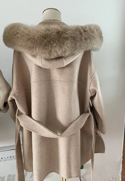 Damen Kurzmantel mit Kapuze und Fellbesatz Bindegürtel & großen Taschen