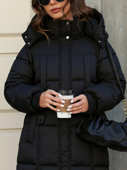 Damen Langer Steppmantel mit Kapuze Schwarz Winter Warme Pufferjacke