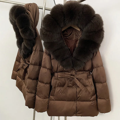 Damen Winter Steppjacke mit Kunstpelzkragen und Gürtel
