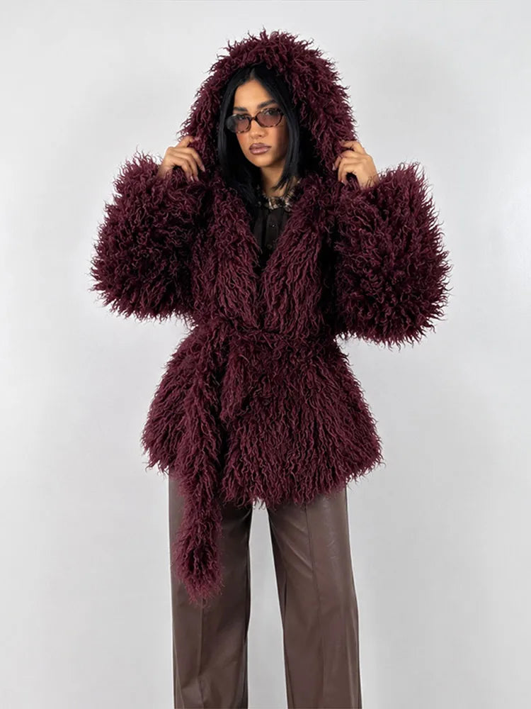 Damen Shaggy Kunstfell Jacke mit Kapuze und Bindegürtel, Langärmelig, Kurz geschnitten