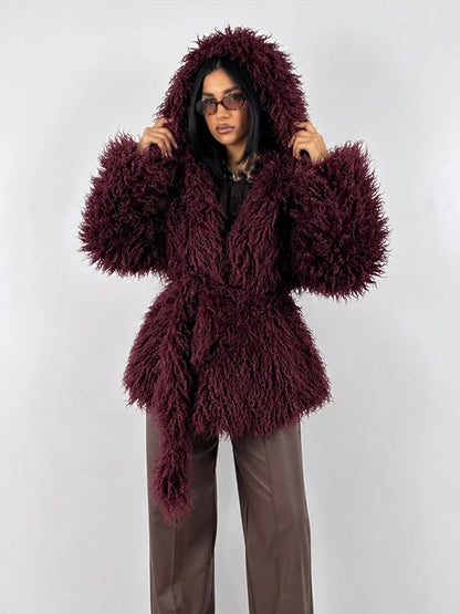 Damen Shaggy Kunstfell Jacke mit Kapuze und Bindegürtel, Langärmelig, Kurz geschnitten