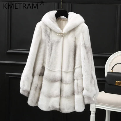 Damen Winterjacke Kunstpelz mit Kapuze Weiß Grau Gestreift