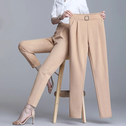 Damen Stoffhose Weiß mit Zierschnalle Hochwasser Slim Fit