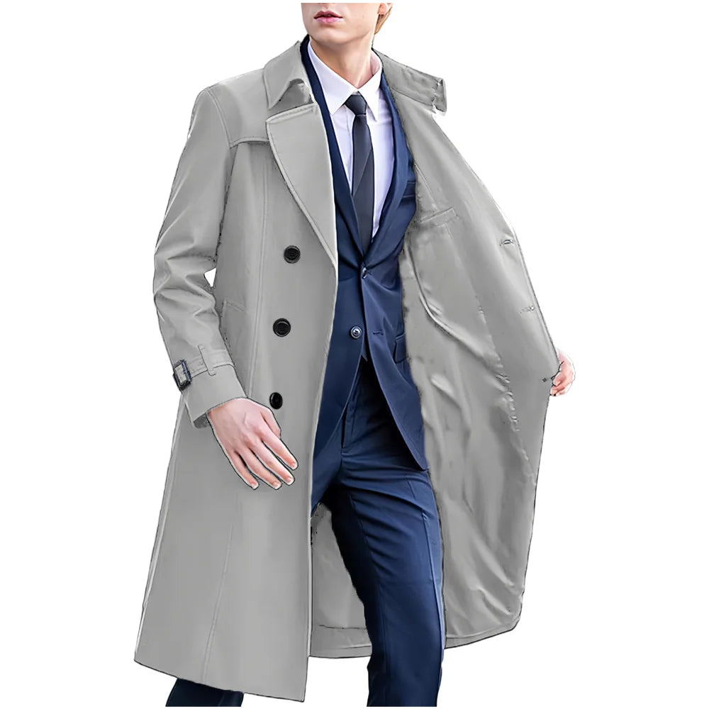 Herren Trenchcoat Zweireiher Langer Mantel mit Reverskragen und Gürteldetails