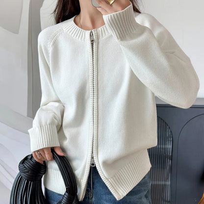 Damen Strickjacke mit Reißverschluss, Langarm, Rundhals