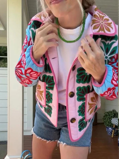 Damen Steppjacke mit Blumenmuster, Bunt