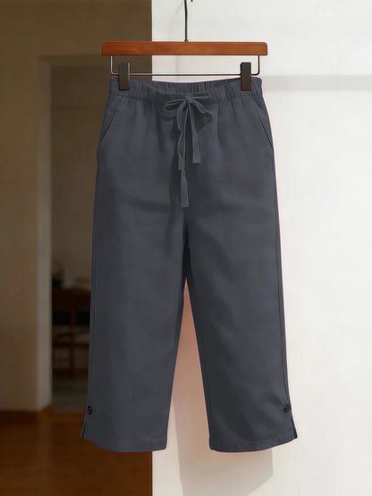 Damen Capri Hose mit Kordelzug und Seitenknöpfen, Weitem Bein