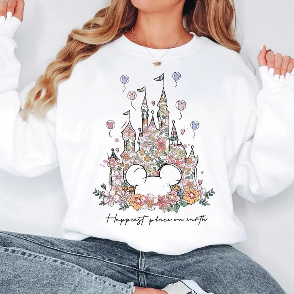 Damen Sweatshirt mit Blumen Schloss Motiv und "Happiest Place on Earth" Aufdruck