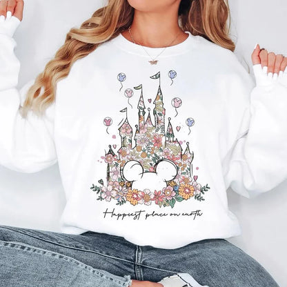 Damen Sweatshirt mit Blumen Schloss Motiv und "Happiest Place on Earth" Aufdruck