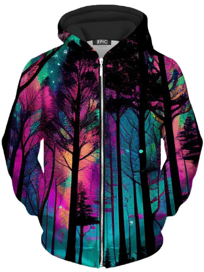 Unisex Reißverschluss Hoodie mit farbigem Baum-Motiv, bunter Print Kapuzenpullover
