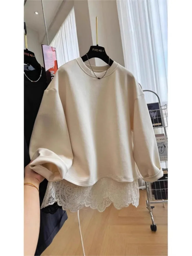 Damen Sweatshirt mit Spitze am Rücken Offen Langer Arm Creme