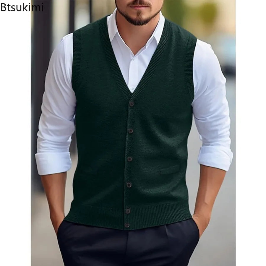 Herren V-Ausschnitt Strickweste mit Knopfleiste Ärmellos