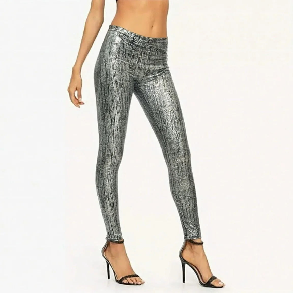 Damen Leggings Silber Glänzend Hochtailliert Skinny-Fit Hose