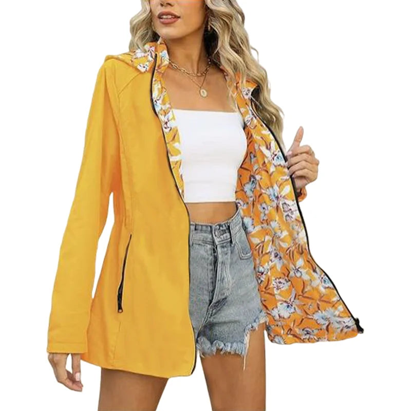 Damen Übergangsjacke mit Kapuze und Blumenmuster-Innenfutter Hellblau