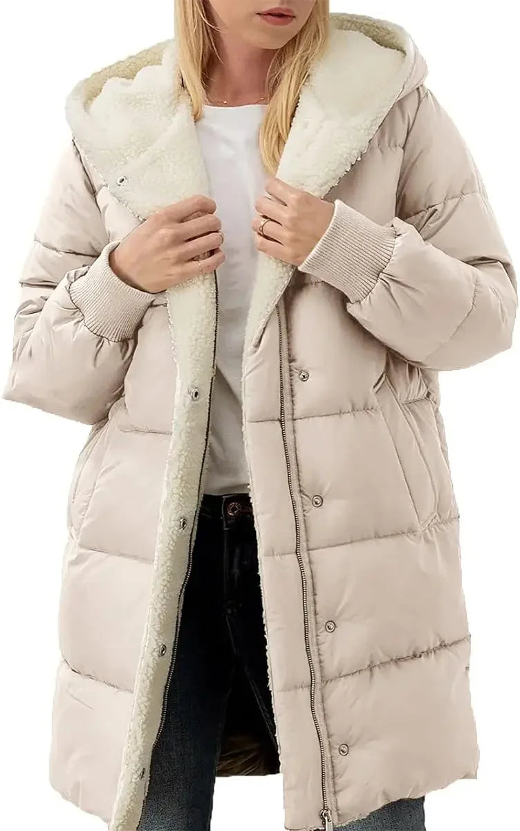 Damen Langer Steppmantel mit Kapuze Gefüttert Winter Jacke