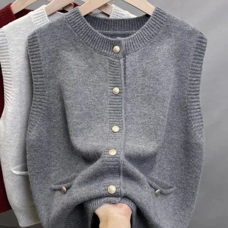 Damen Strickweste mit Knopfleiste und Rundhalsausschnitt, verschiedene Farben
