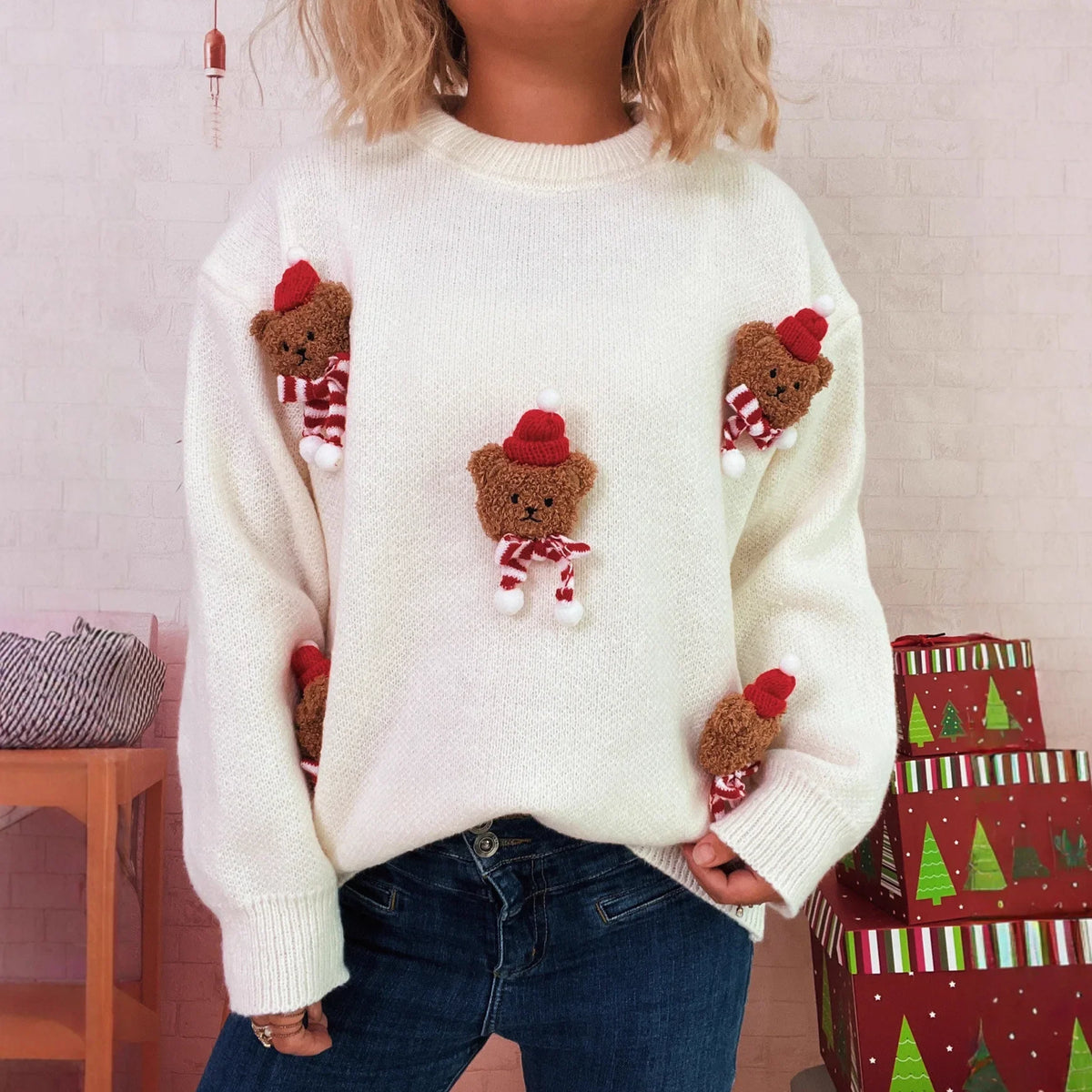 Damen Weihnachtspullover Strick Teddybär Applikationen Rundhals Rot