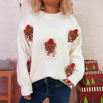 Damen Weihnachtspullover Strick Teddybär Applikationen Rundhals Rot