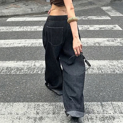 Damen Baggy Hose gestreift Schwarz weites Bein lockere Passform