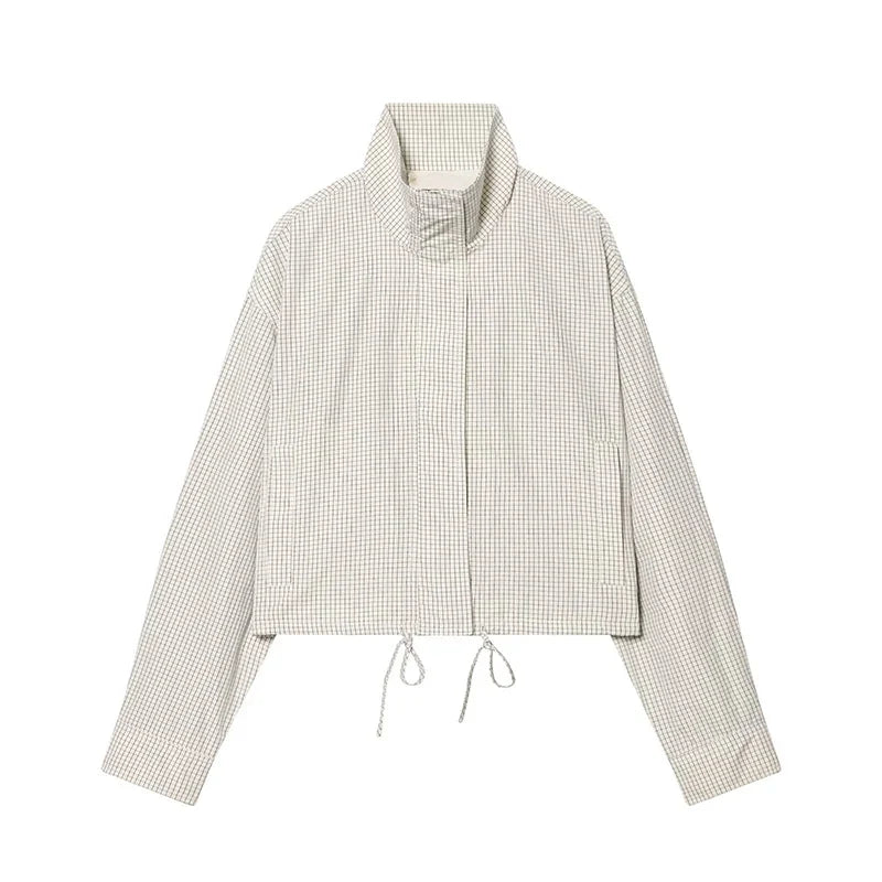 Damen Kurzjacke Karomuster Stehkragen Reißverschluss Beige
