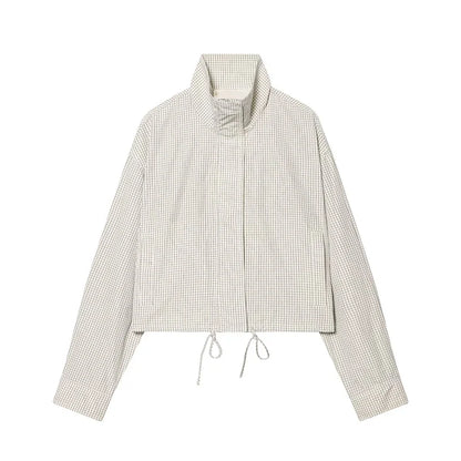 Damen Kurzjacke Karomuster Stehkragen Reißverschluss Beige