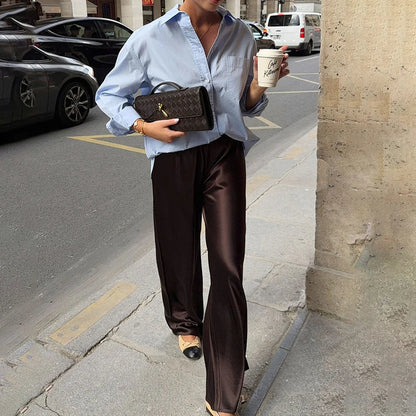 Damen Weite Bein Hose glänzend – Elegante Hose mit weitem Bein in verschiedenen Farben