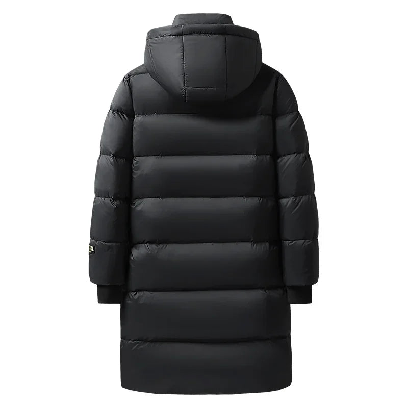 Langer Steppmantel mit Kapuze für Herren, Schwarz, Winter, Gefüttert