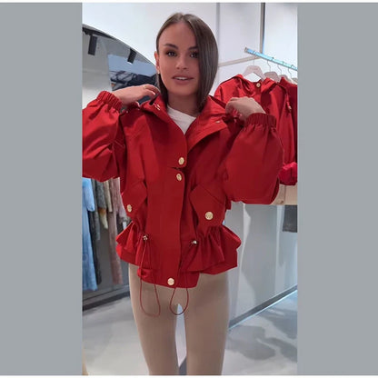 Damen Kurzjacke mit Kapuze und Reißverschluss Rot