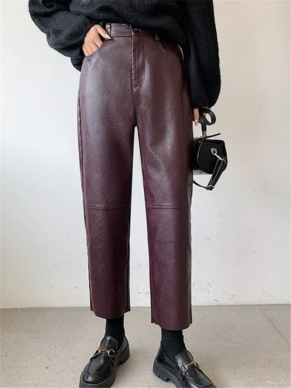 Damen Hose im Leder-Look, weites Bein, Schwarz oder Burgunderrot