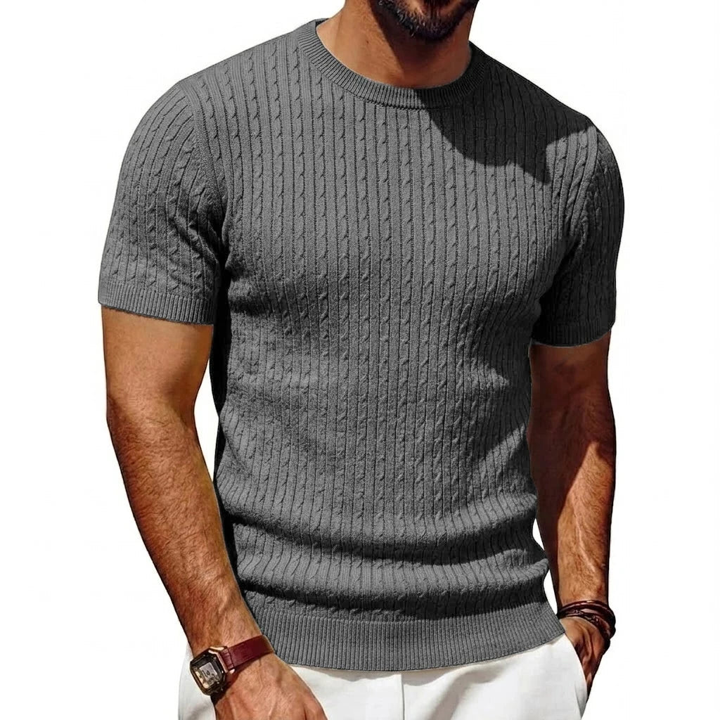 Herren Kurzarm Pullover Rundhals Strick mit Zopfmuster Marineblau