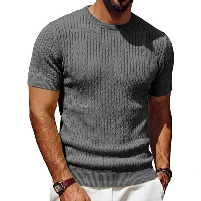 Herren Kurzarm Pullover Rundhals Strick mit Zopfmuster Marineblau
